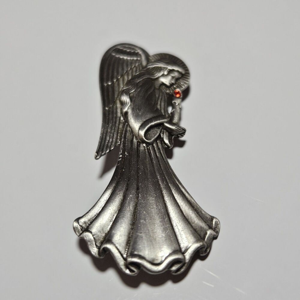 JJ Pewter Tone Guardian Angel Brooch Pin Jonette Jewelry Signed